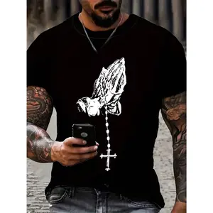 Men's Prayer Hand Gesture & Cross Print Short Sleeve T-Shirt