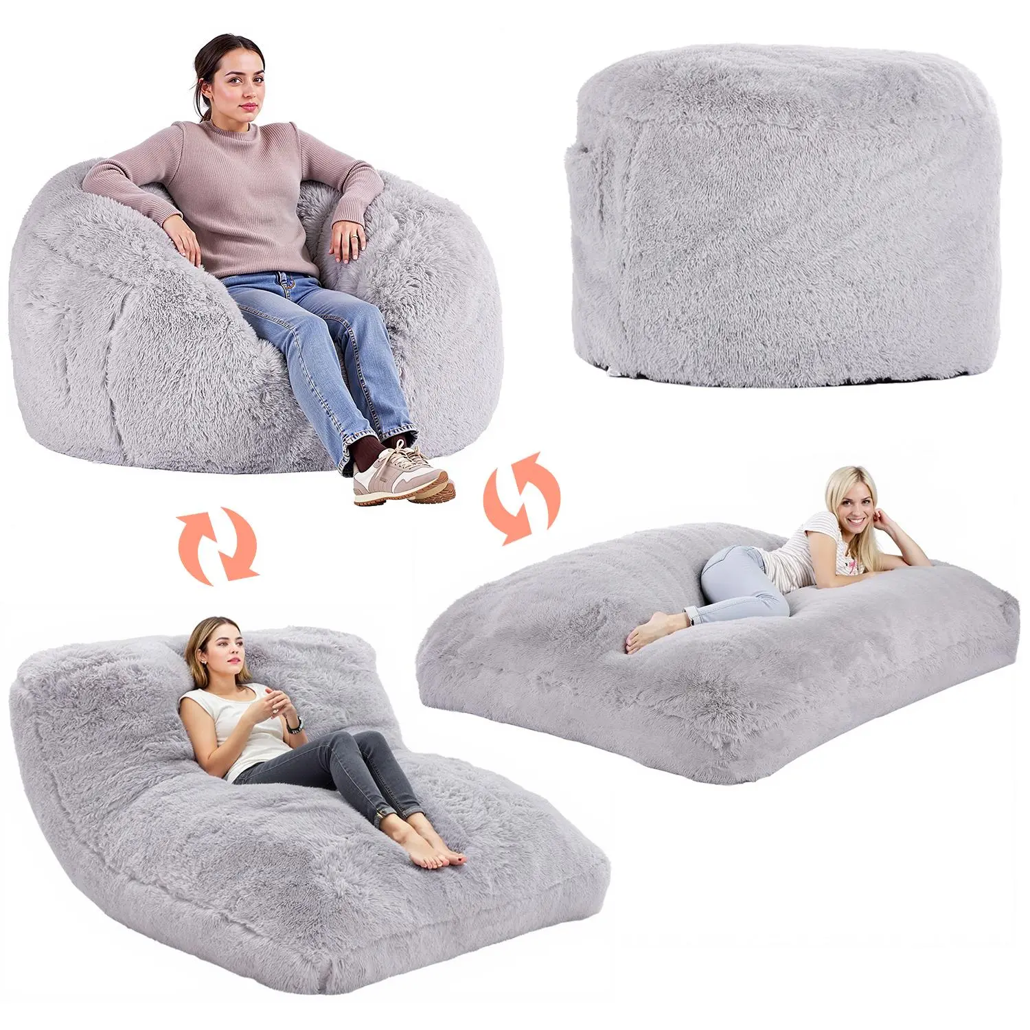【SummerFinds】VEVOR Bean Bag Bed Chair,  , Convertible Chair from BeanBag to Lounge or Mattress, Gaint Bean Bag Chair Bed with Washable Cover for Adults, Fluffy Plush, Foam Filling and Side Pocket, Grey(Full Size),dorm essentials,home decor
