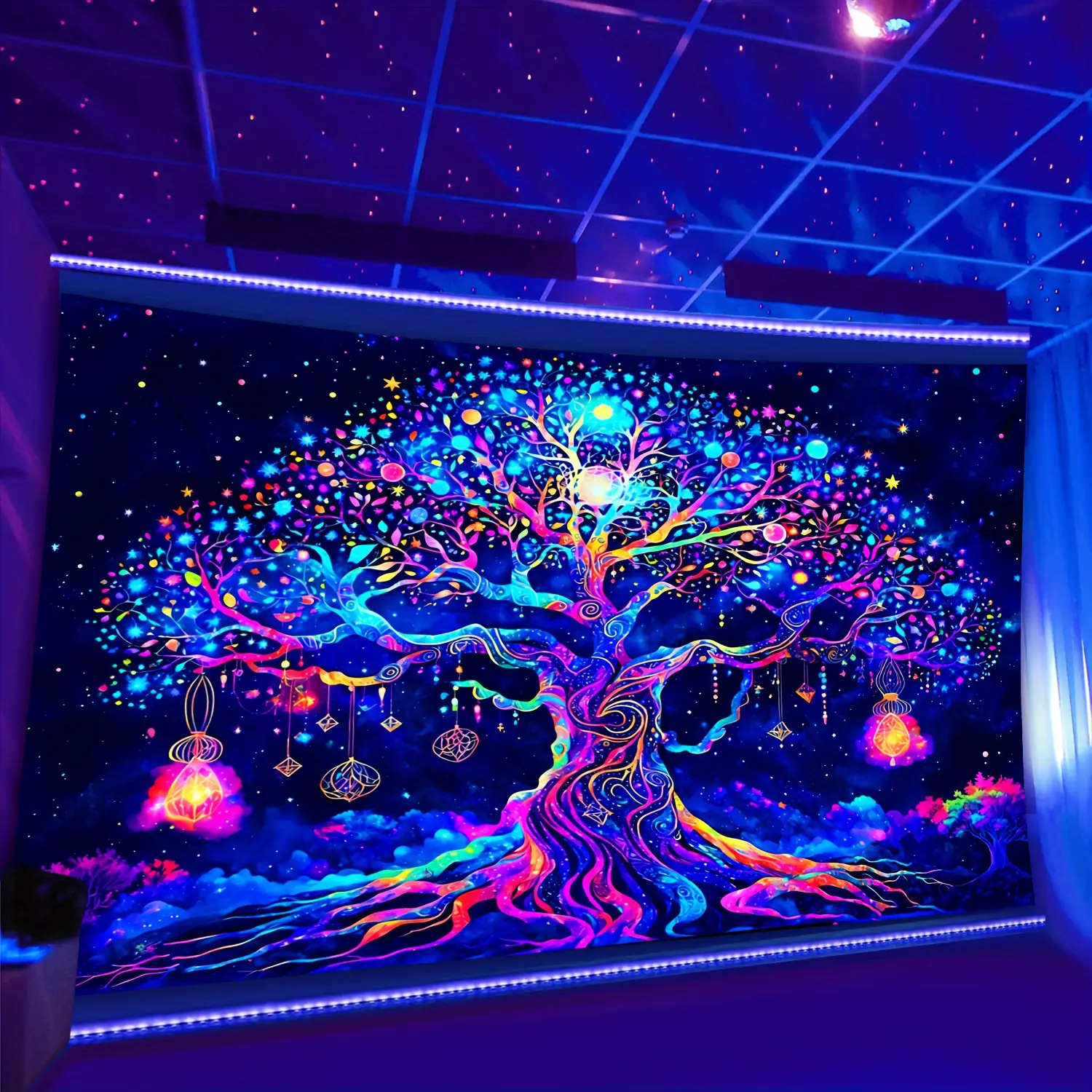 1pc Fantasy Tree Of Life UV Black Light Tapestry, Large Size Fluorescent Tapestry, Bedroom Aesthetic For Bedroom Office Living Room Home Decor, With Free Accessories, Tapestry Wall Mural