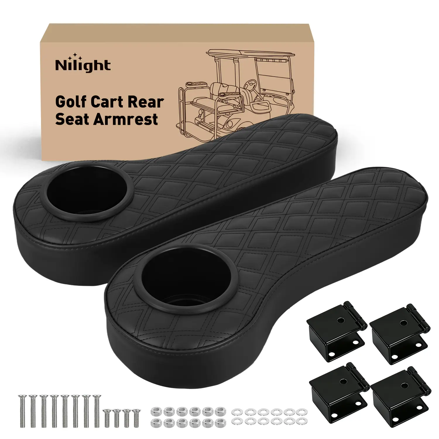 Nilight 2PCS Black Diamond PU Leather Armrest Set - Flip Stand Cup Holder, No-Drilling Detachable Iron Bracket, Fits 1" Square Tubes for EZGO Club Car Yamaha Golf Cart Rear Seat, Fits 1" Tubes