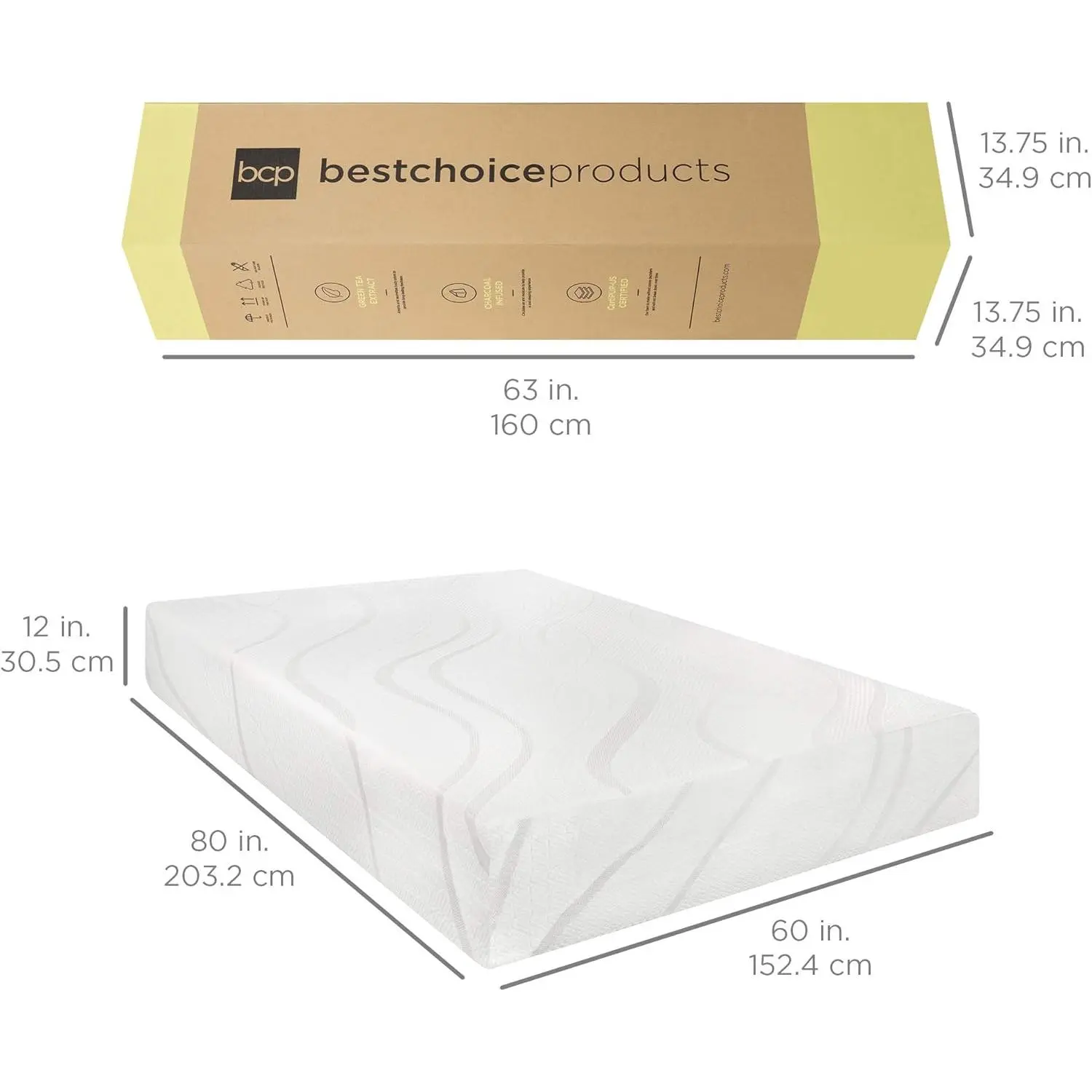 Best Choice Products 12 Inch, Green Tea Charcoal Cooling Gel Memory Foam Mattress, Fiberglass Free, 2-Layer, Breathable - Queen, Medium Firm