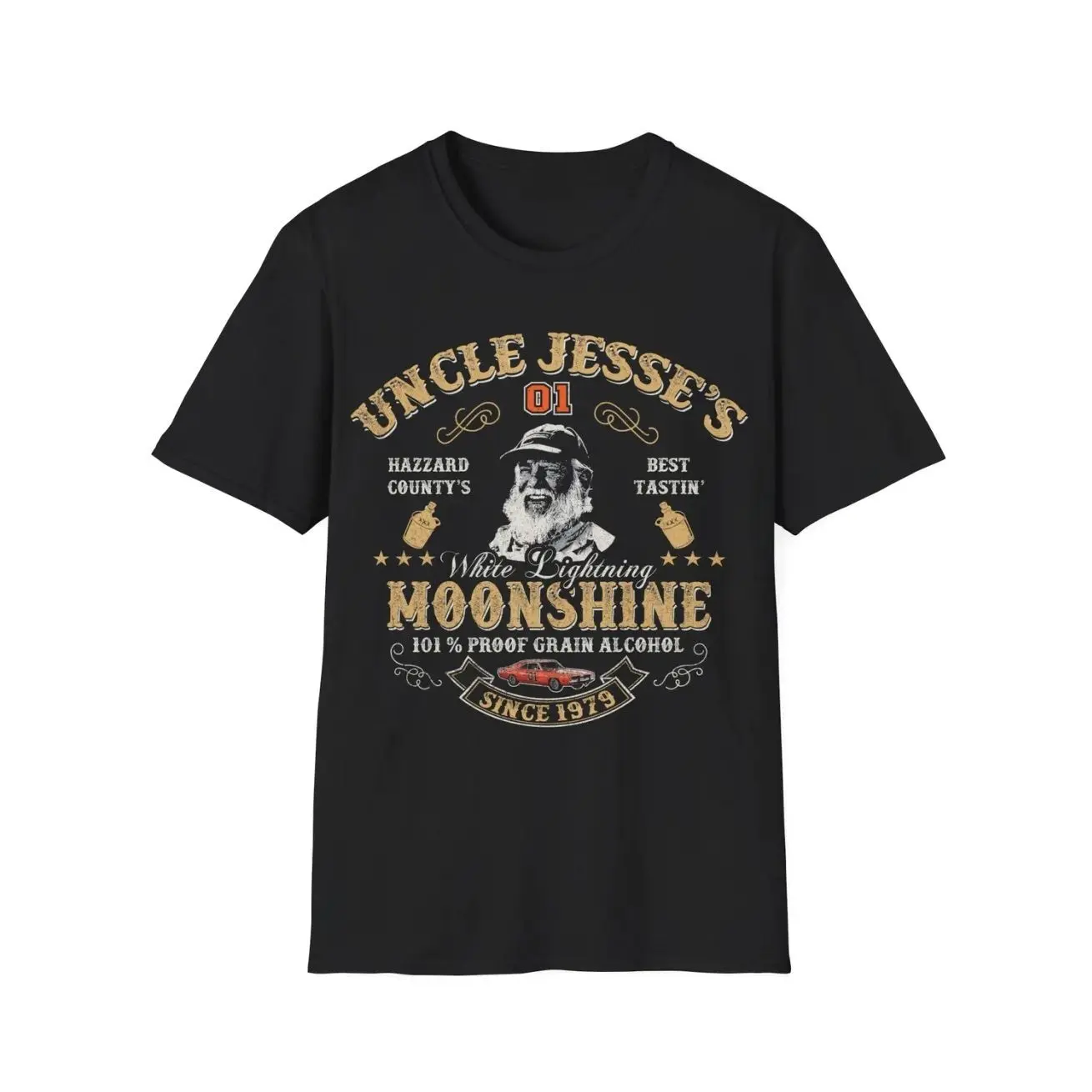 Moonshine Dukes of Hazzard Uncle Jesse Tribute Softstyle Tee Vintage 70s Retro TV Show T-Shirt Unisex Cotton Top Fan Art Design
