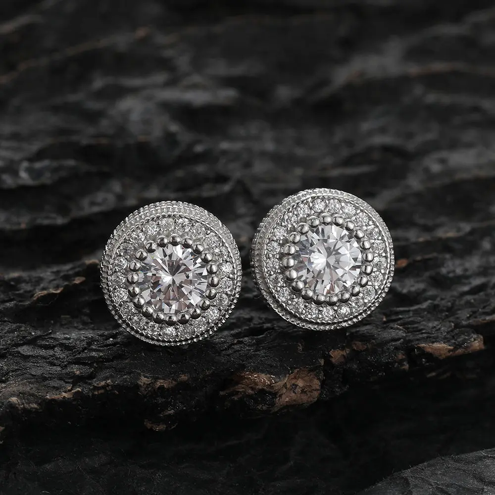 Unisex 10mm Round Halo CZ Stud Earrings, Hypoallergenic Sparkling Artificial Zirconia, Men's Fashion Accessories, Ideal Birthday Gifts Idea for Boyfriend, Birthday Gift Ideas, Geometric, Prong Set, Sparkle, Rhodium Metal, Hand-Placed, Push Back, 5A Grade,