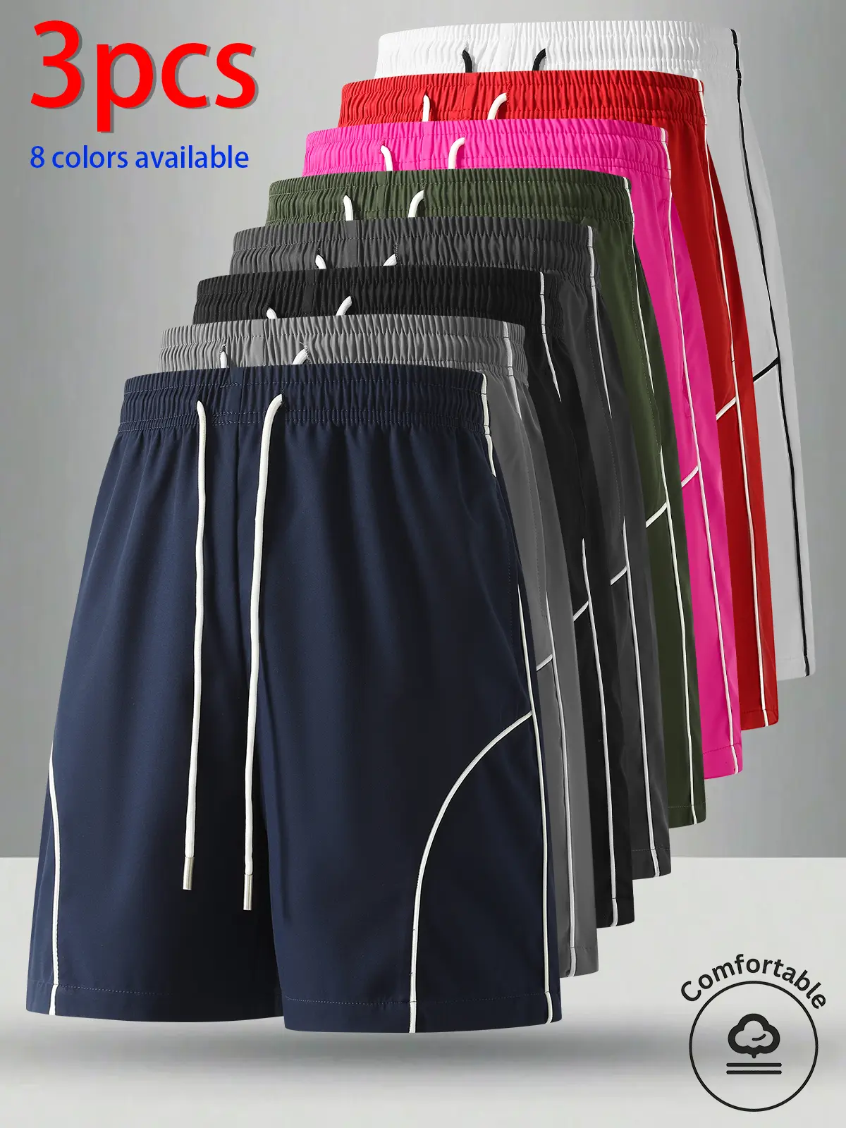 3-pack men’s shorts, men’s bermuda shorts, men’s casual athletic bermuda shorts.Elastic waistband with drawstring that won’t dig into your waist, contrasting visible stitching enhances leg shape, loose fit that looks slimming, versatile and flattering on