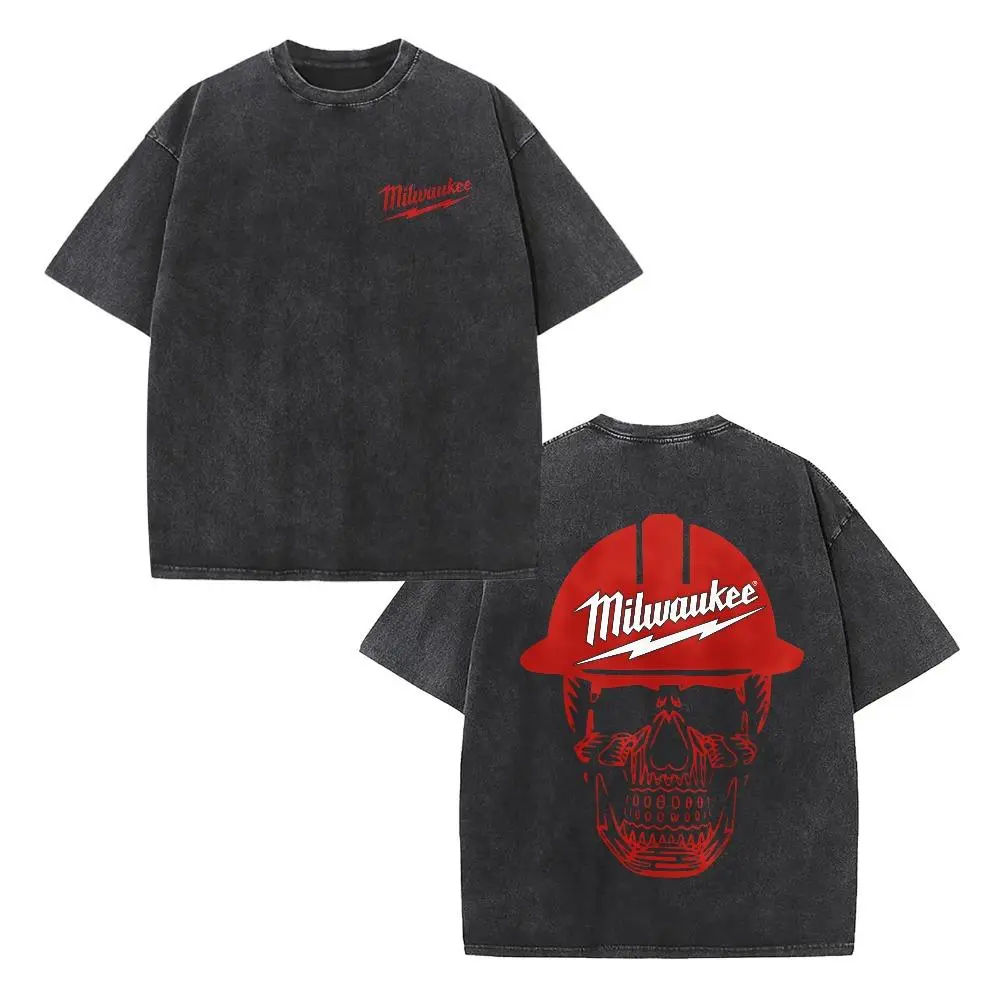 Loose Fit Tradesman Tool Fan Gift Streetwear T-shirt, Unisex Charcoal Crewneck Tee, Distressed Wash Red Milwaukee Skeleton Hard Hat Short Sleeve For Garage Meetups