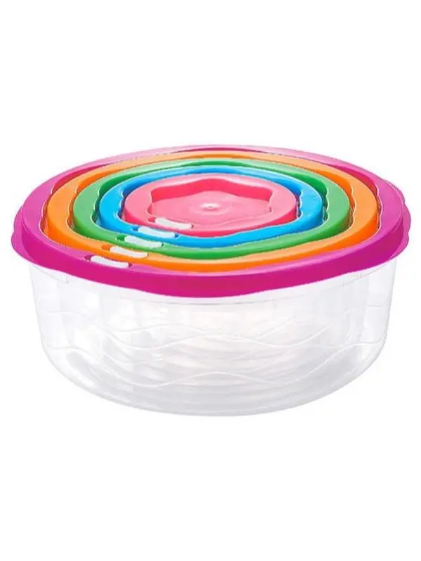 5-Piece Round Microwave-Safe Plastic Food Storage Set, Stackable Leak-Proof Airtight Reusable Containers with Colorful Snap-On Lids, BPA-Free Meal Prep Solution That Maintains Freshness