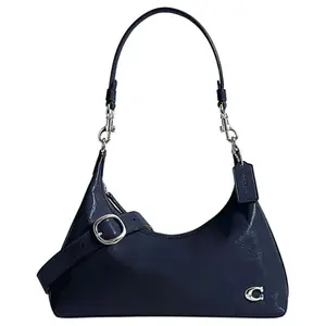 COACH Juliet 30 Leather Tote Bag with Adjustable Detachable Strap, Zipper Closure, Large Size for Men and Women in Navy Blue