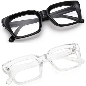 2 Pack Thick Square Frame Eyeglasses，Black Clear & Black Grey Non-Prescription Clear Lens Eyewear for Women