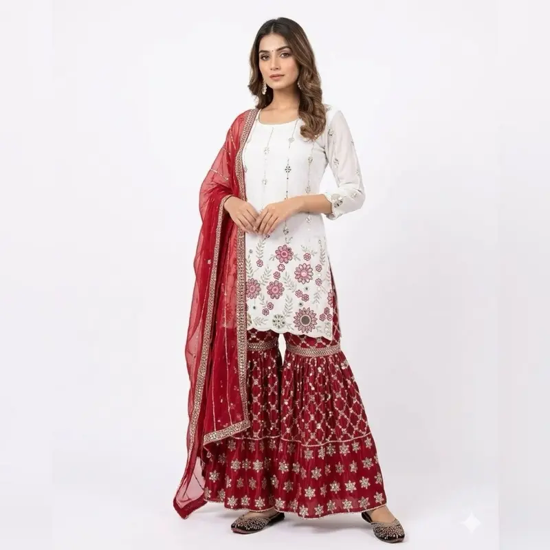 Women's Lady Indian Sharara Clothes - Red Traditional Formal Dress with Floral Embroidery and Matching Accessories