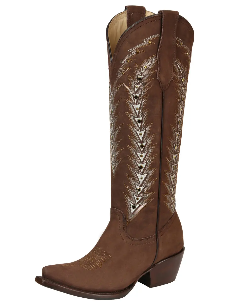 El General Women’s Embroidered Nobuck Western Boots - Brown 45788