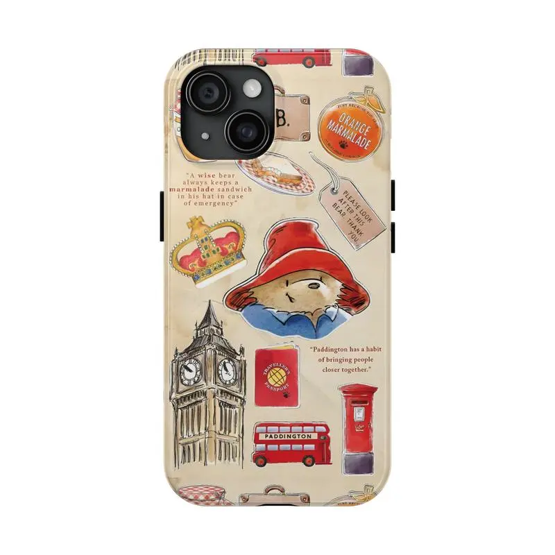 Vintage Printed Paddington Bear Phone Case Shell - Cute London Travel Collage Design, Full Wrap PC+TPU Dual-Layer Shockproof Cover, Easy Installation, Scratch-Resistant Protection, Compatible with iPhone 11-17 Pro Max/Plus, Samsung Galaxy S23-S25