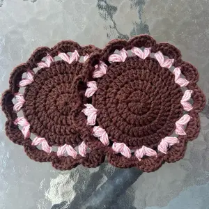 Handcrafted Crochet Coasters - Brown & Pink Round Placemats for Tableware Protection - Quantity 2