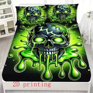 Neon Skull Bedding Set, 3-Piece Includes 1 Fitted Sheet and 2 Pillowcases, Soft Polyester Fiber, Breathable Sheets, All Seasons