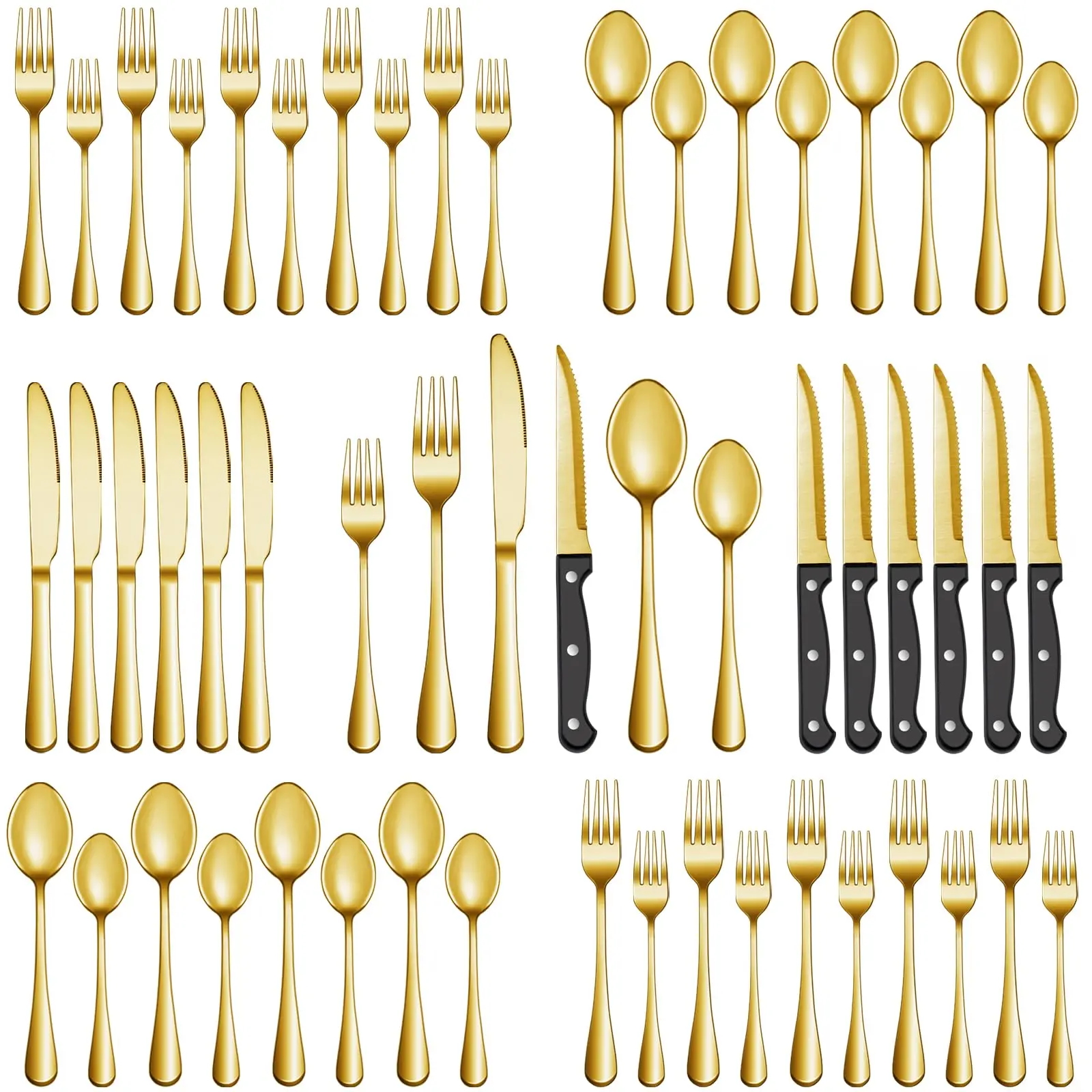 Stainless Steel 48-Piece Adult Cutlery & Tableware Set (Serves 8, Sawtooth Blade Steak Knives, Oval Shape) - Dinner Forks, Knives, Soup Spoons, Teaspoons, BPA Free, Chip Resistant, Dishwasher Safe - Gold