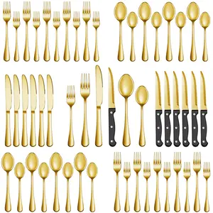 Stainless Steel 48 Piece Flatware Set (Serves 8) Dinner Forks, Knives, Soup Spoons, Teaspoons, Steak Knives, Dishwasher Safe, Ideal for Hotels, Outdoor Gatherings, Holiday Parties - Gold/Rainbow