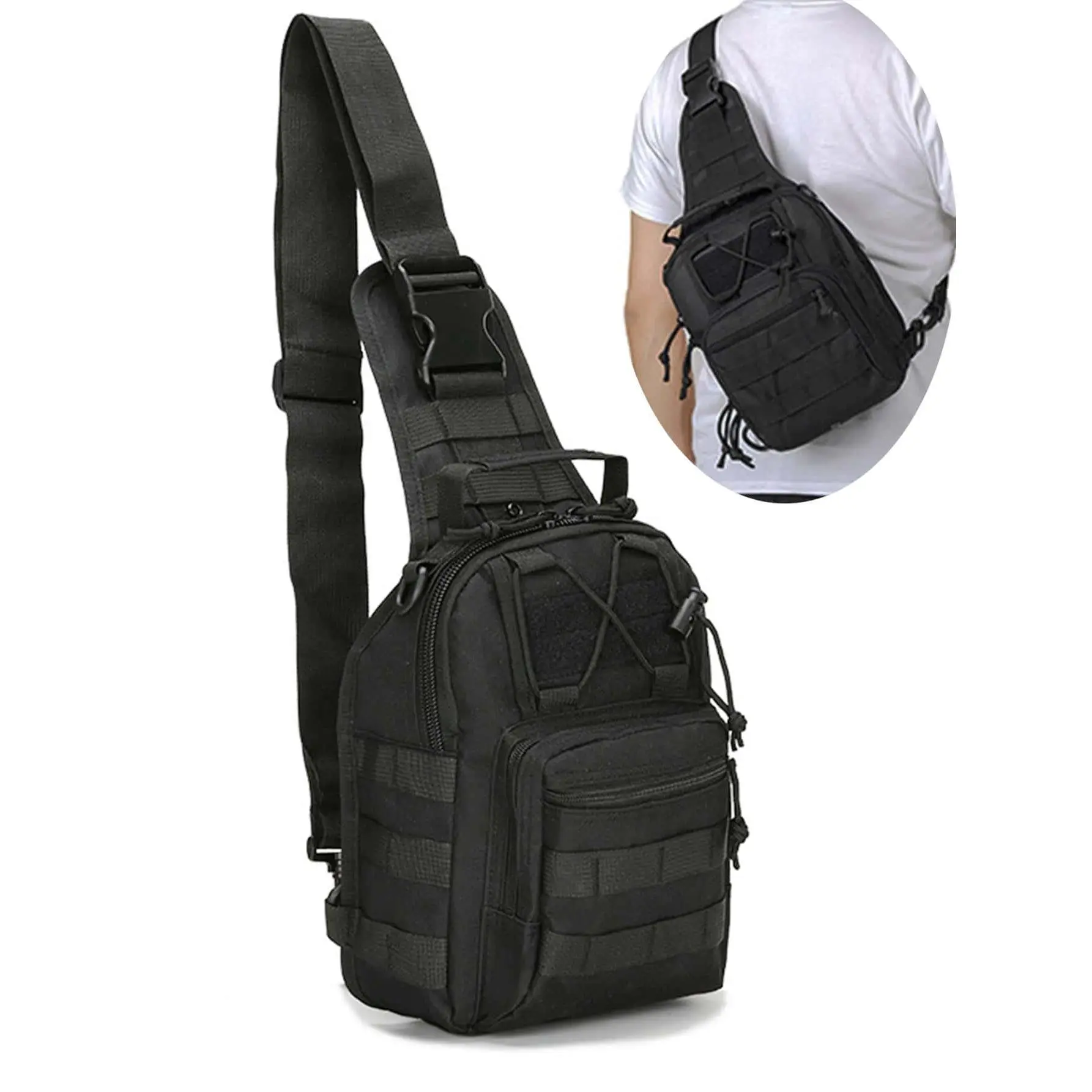 Men's Tactical Crossbody Bag with Adjustable Crossbody Strap - Military Chest Pouch, EDC Outdoor Accessories for Hunting, Hiking, Traveling, Black