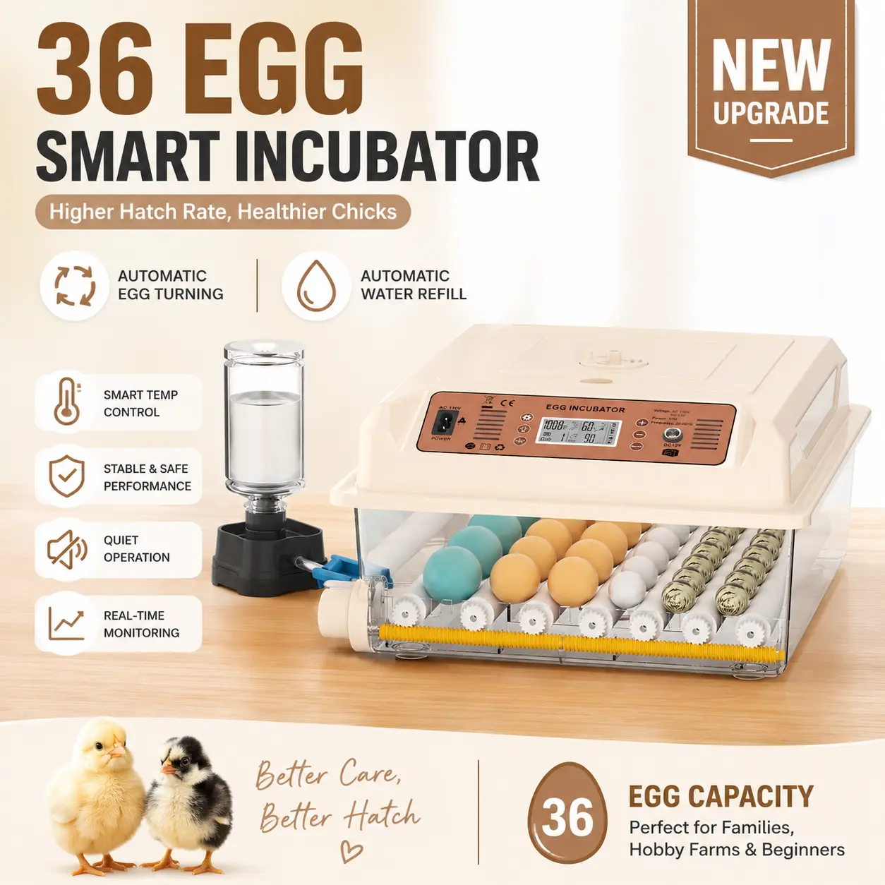 High Hatch Rate Automatic Egg Incubator for 16/36 Eggs, Smart Poultry Hatcher Machine with Auto Egg Turner & Water Fill, Best for Chicken Duck Goose