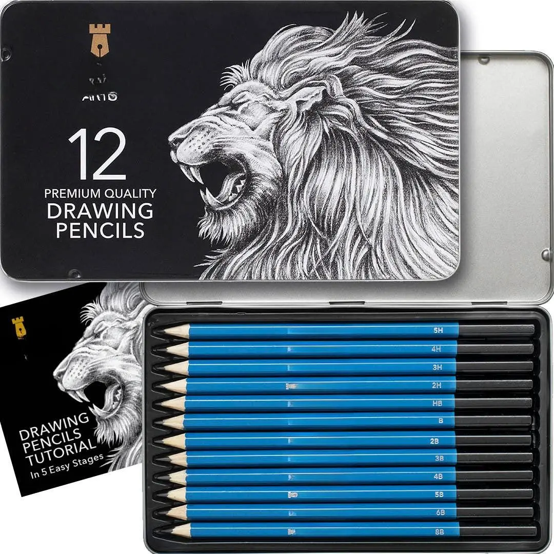 12 Piece Graphite Drawing Pencils Kit | For Adult Artists - Beginners And Advanced Presented In Attractive  Compact Sturdy Metal Case With Tutorial