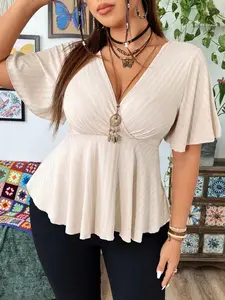 Plus Size Slimming Deep V Short Sleeve Top Blouse, Textured Fabric, Ruffled Sleeves, Waist Cinch, Belly Concealment, Versatile Skirt Hem Shirt for Women