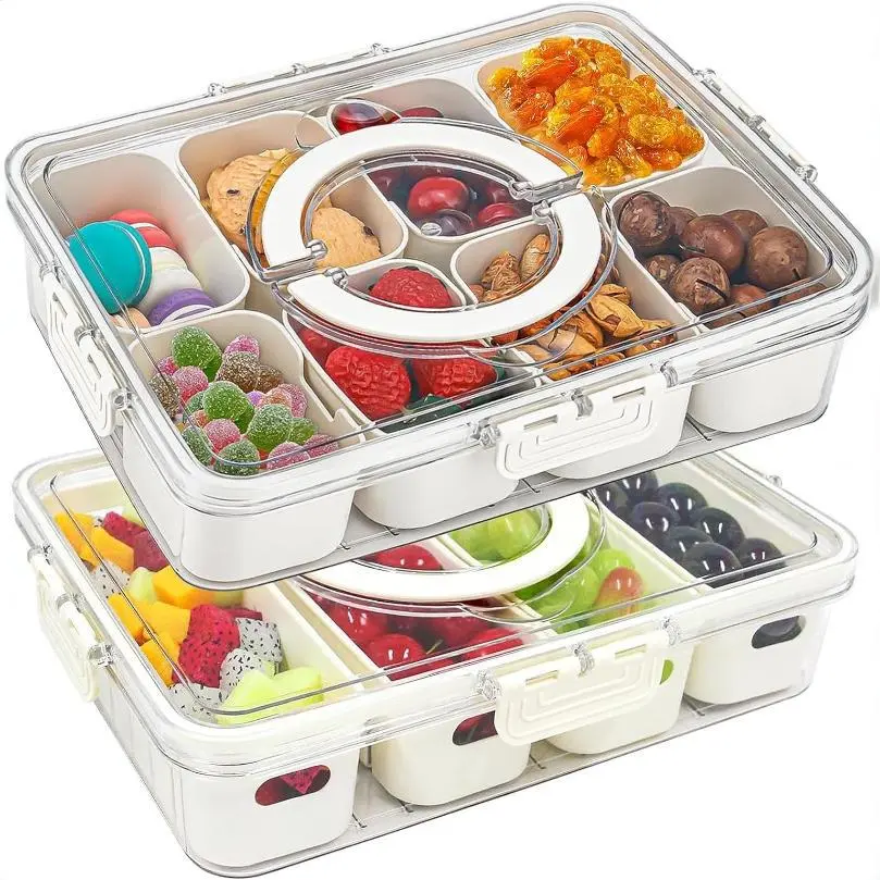 Snackle Box – Divided Serving Tray with Lid and Handle | Charcuterie Container for Snacks, Fruits, Candy, and Nuts | Portable Organizer for Parties & Travel | Clear, BPA-Free & Dishwasher Safe Utensils