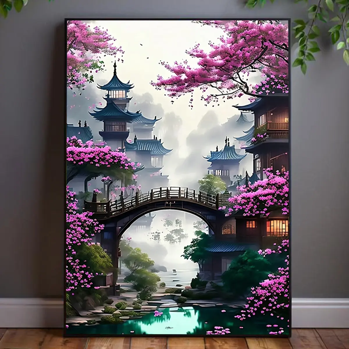 Cherry Blossom & Japanese Architecture Canvas Wall Art - Frameless 30.48x40.64 cm Serene Landscape Decor for Home, Office, or Café, Office Decoration |   Traditional Japanese |   Frameless Canvas, Japanese Home Decor