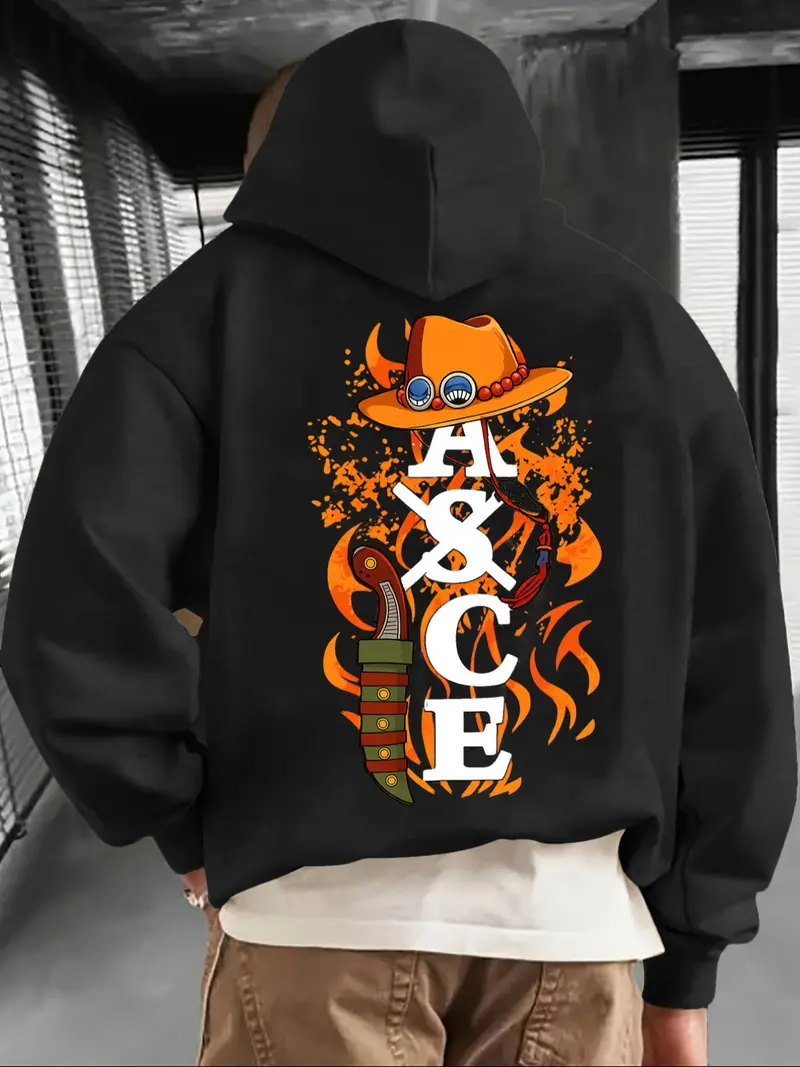 One Piece Anime Graphic Oversized Streetwear Hoodie for Men, Comfortable Casual Pullover with Flame Print for Otaku & Street Fashion Enthusiasts