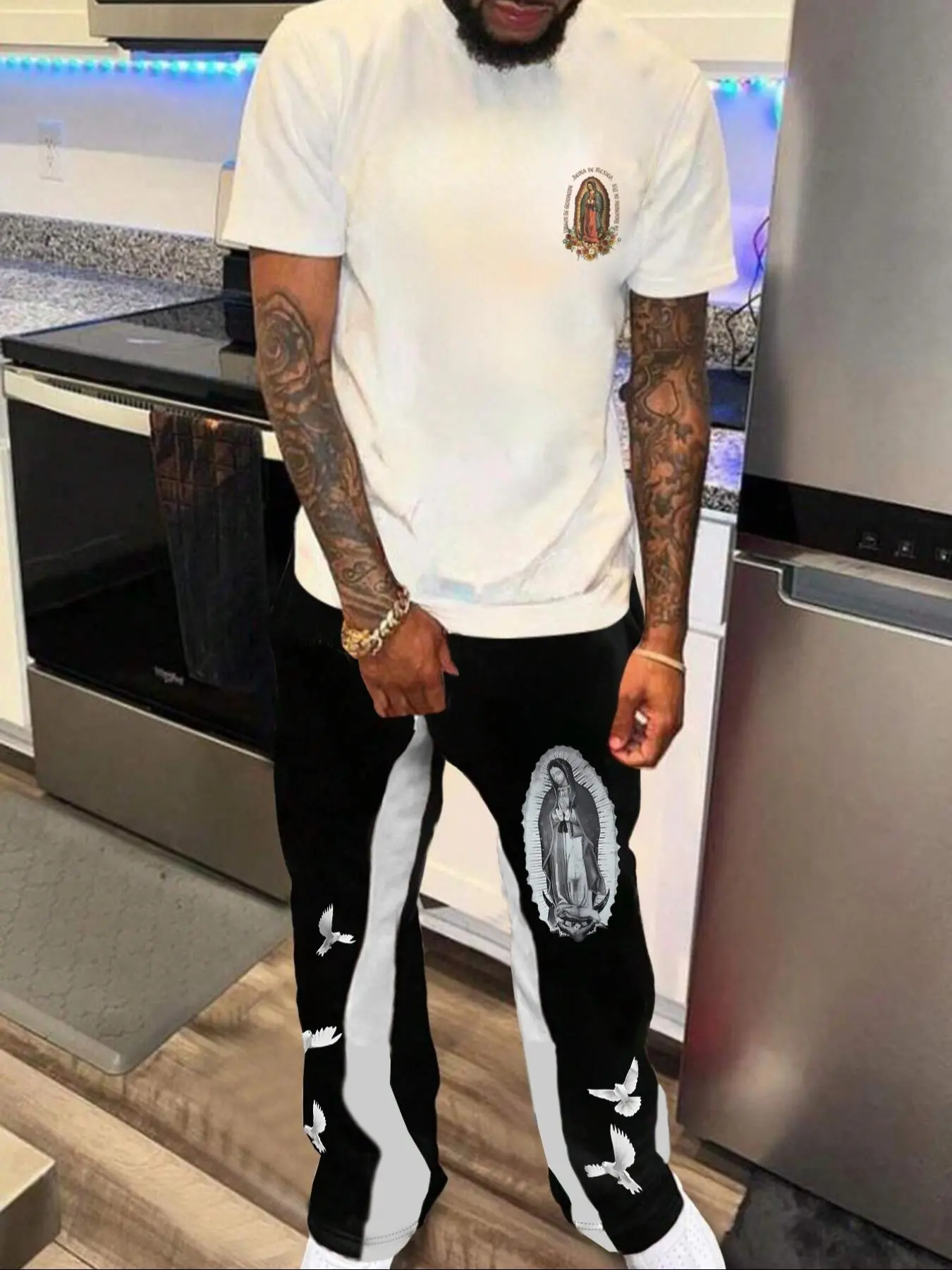 Two-piece Set Men's Figure and  Animal Print Tee & Drawstring Waist Pants Set, Regular Fit Casual Short Sleeve T-shirt & Elastic Waist Trousers, Men's Two-piece Outfits for All Seasons Clothes