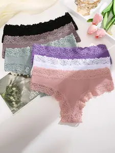 Women's 6pcs Plain Contrast Lace Panty, Soft Comfy Breathable Knickers Panty for Daily Wear, Fall Underwear for Women, Fall Cheeky Panties Multipack, Women's Underwear Bottoms for Fall, Lace Trim Thongs, Soft Fit Panty
