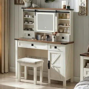 OKD Farmhouse Makeup Vanity Desk with Sliding Mirror and Lights, 42'' Glass Tabletop Vanity Table with 2 Drawers & Shelves, Rustic Big Vanity Set for Bedroom, Stool Included. Modern Makeup Vanities electric t screwdriver makeupvanitytableset