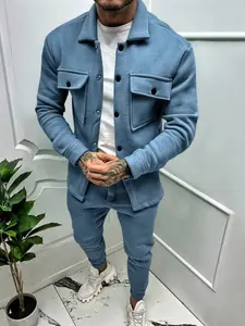 Men's Suede Jacket & Pants Set, Matching, Button Front Pocket Design, Fall Winter Windproof Warmth, Business Casual Fitted Elastic Fabric Two-Piece