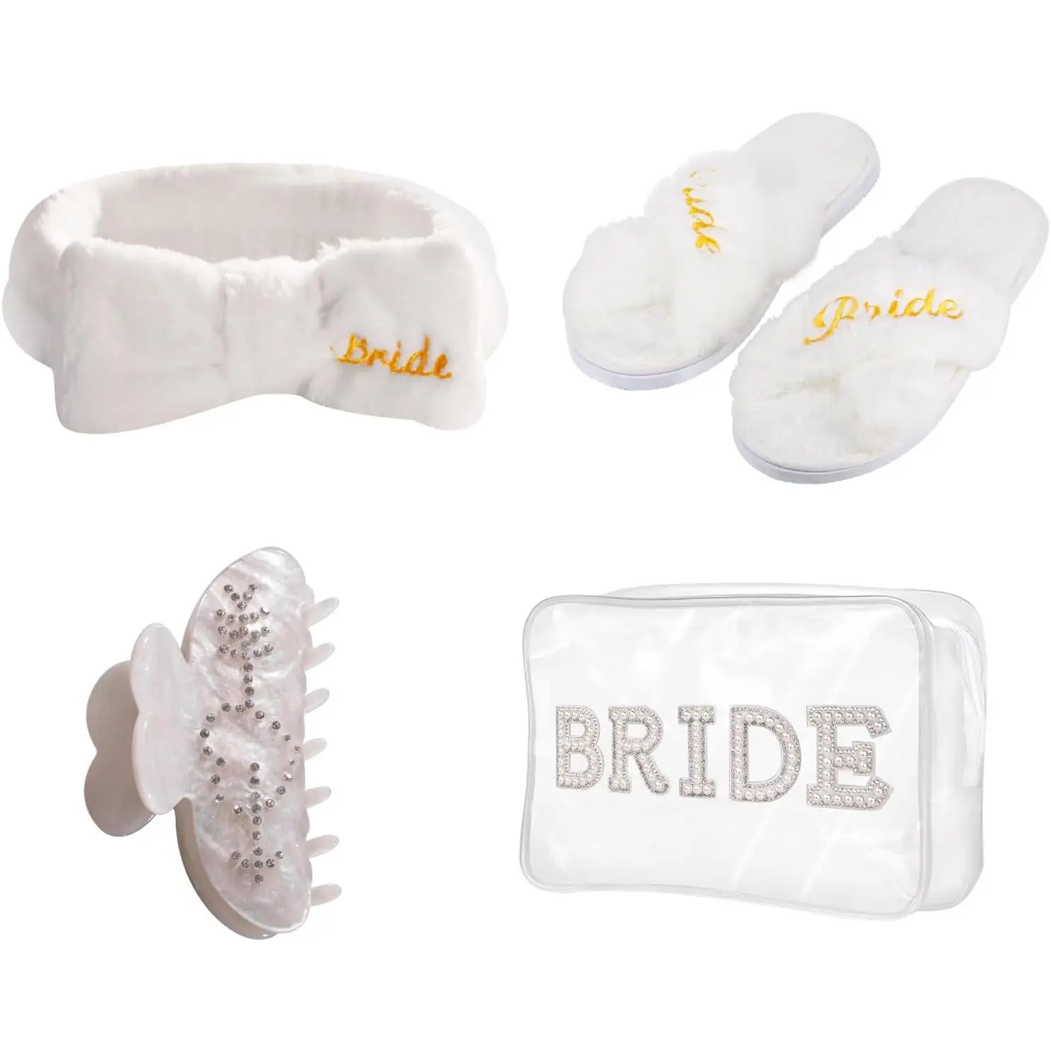 Bride Robe for Wedding Day Set with Makeup Bag, Slippers, Lace Trim White Robe -Short Getting Ready Wedding Robes Bridesmaids Bride Gifts