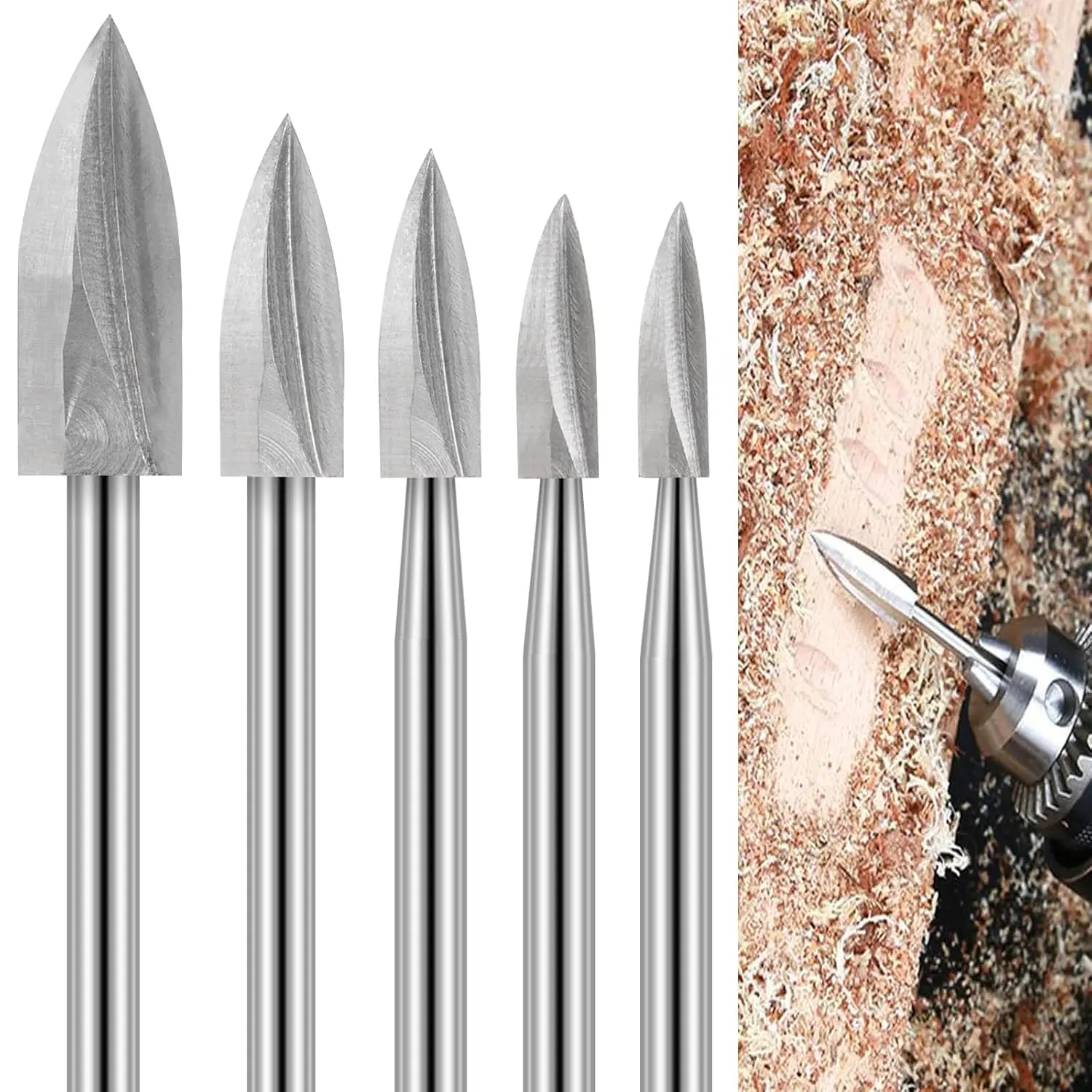 5-pcs rotating tool wood carving drill bit set -1/8 inch, carving drill bit accessory, suitable for woodworking, grinding, DIY carving, drilling, micro sculpture