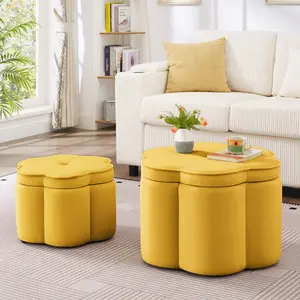 Set of 2 Ottoman with Storage,Flower Shape Petal Ottoman,Upholstered Velvet Storage Ottoman Bench,for for Living Room, Living Room and Entryway - Yellow