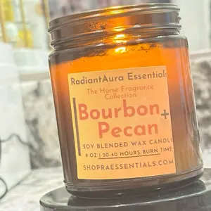 RadiantAura Essentials Bourbon + Pecan Soy Blended Candle 9 Oz 30-40 Hours Burn Time Home Fragrance Collection Scent Decor Aroma