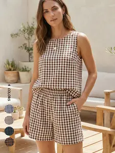 Women's Summer Plaid Sleeveless Crop Top Set, Elastic Waist Pocket Shorts, Casual Matching Set, Casual Loose Fit Beach Vacation, Comfortable Daily Wear, Womenswear