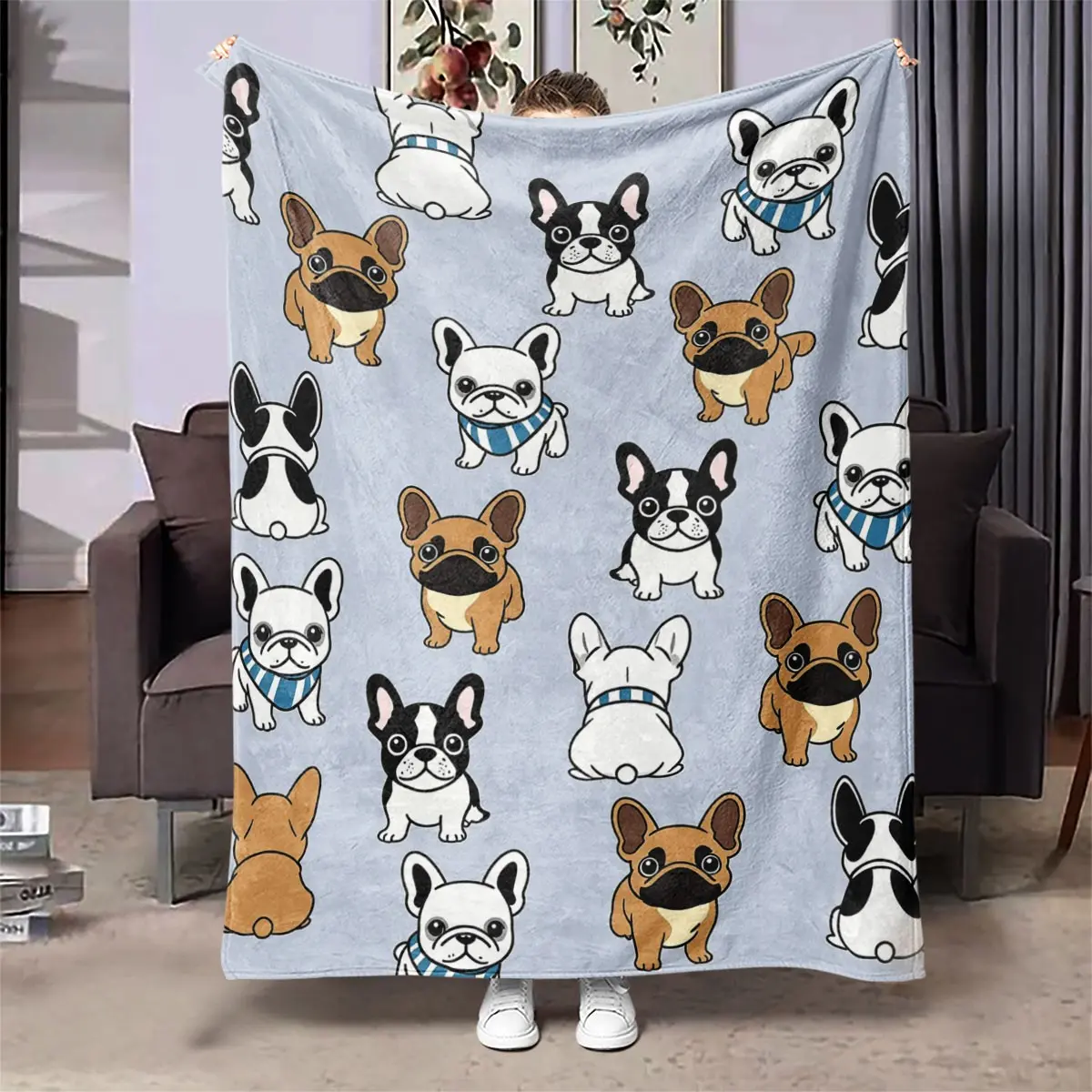 1 Pc Cozy French Bulldog Pattern Blanket for Naps and Relaxation – Perfect for Bedrooms, Sofas, and Camping – Cute and Stylish Cover for Ultimate Comfort