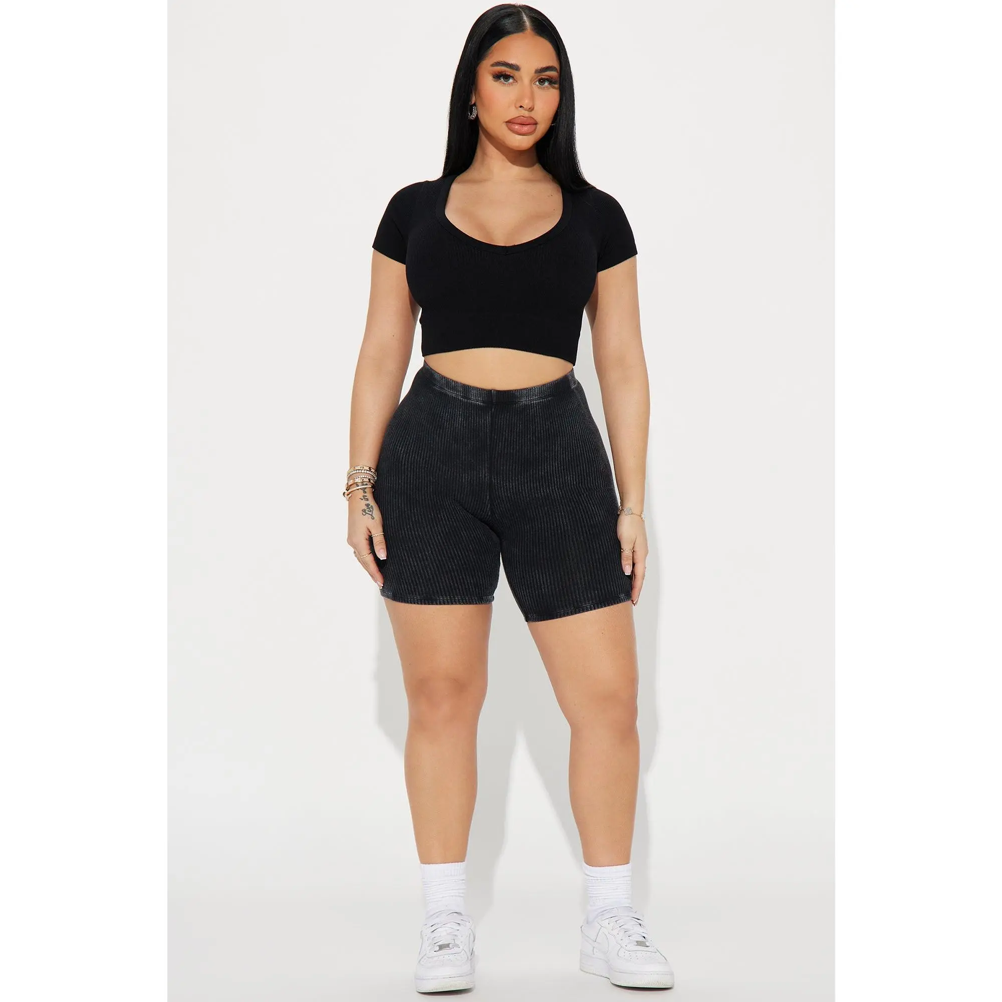 Never Too Late Washed Biker Short - Black