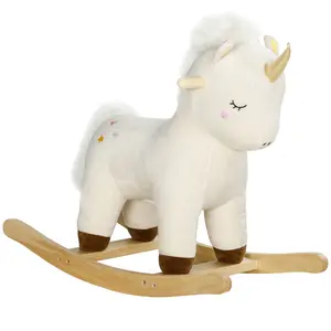 Qaba Rocking Horse Gift for Christmas Day Birthday, Plush Ride on Unicorn with Realistic Sound, Wooden Base, Toddler Rocking Horse for 2-4 Years, White