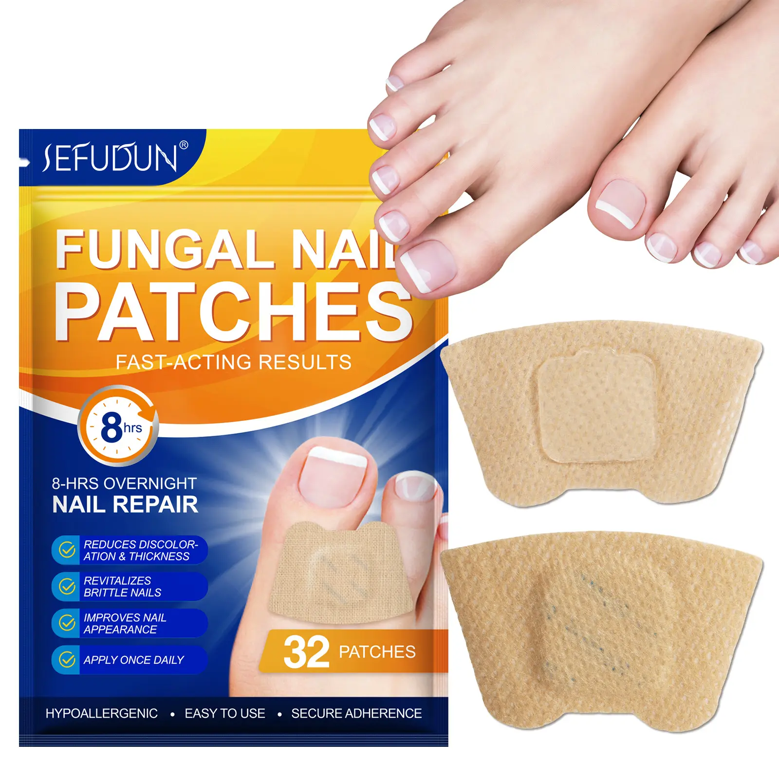 SEFUDN Fungal Nail Patches - 32 Patches for Overnight Repair, 8-Hour Treatment, Hypoallergenic & Easy Application, Reduces Discoloration & Thickens Nails Manicure