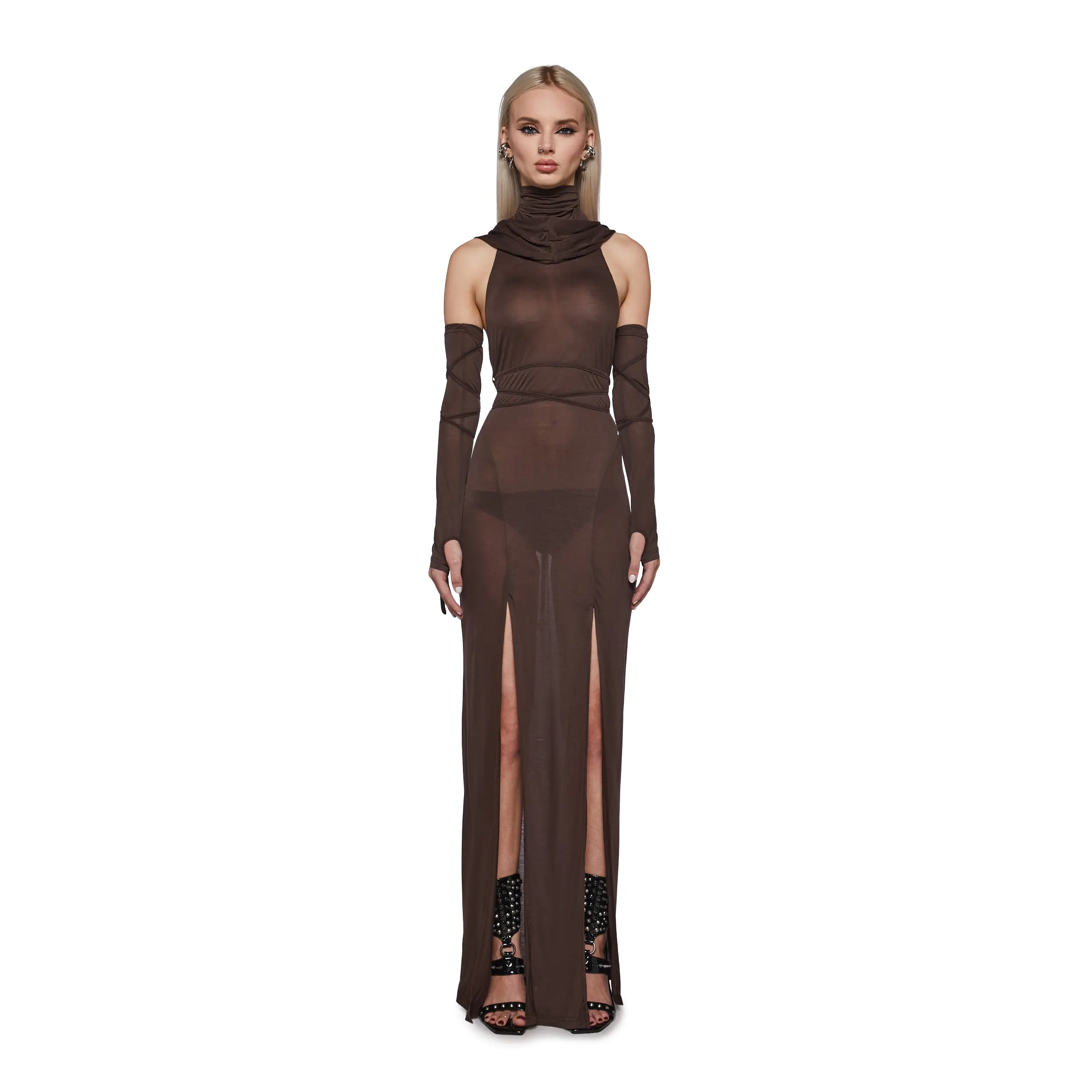 Siren Hooded Slit Maxi Dress - Brown Siren Hooded Slit Maxi Dress - Brown