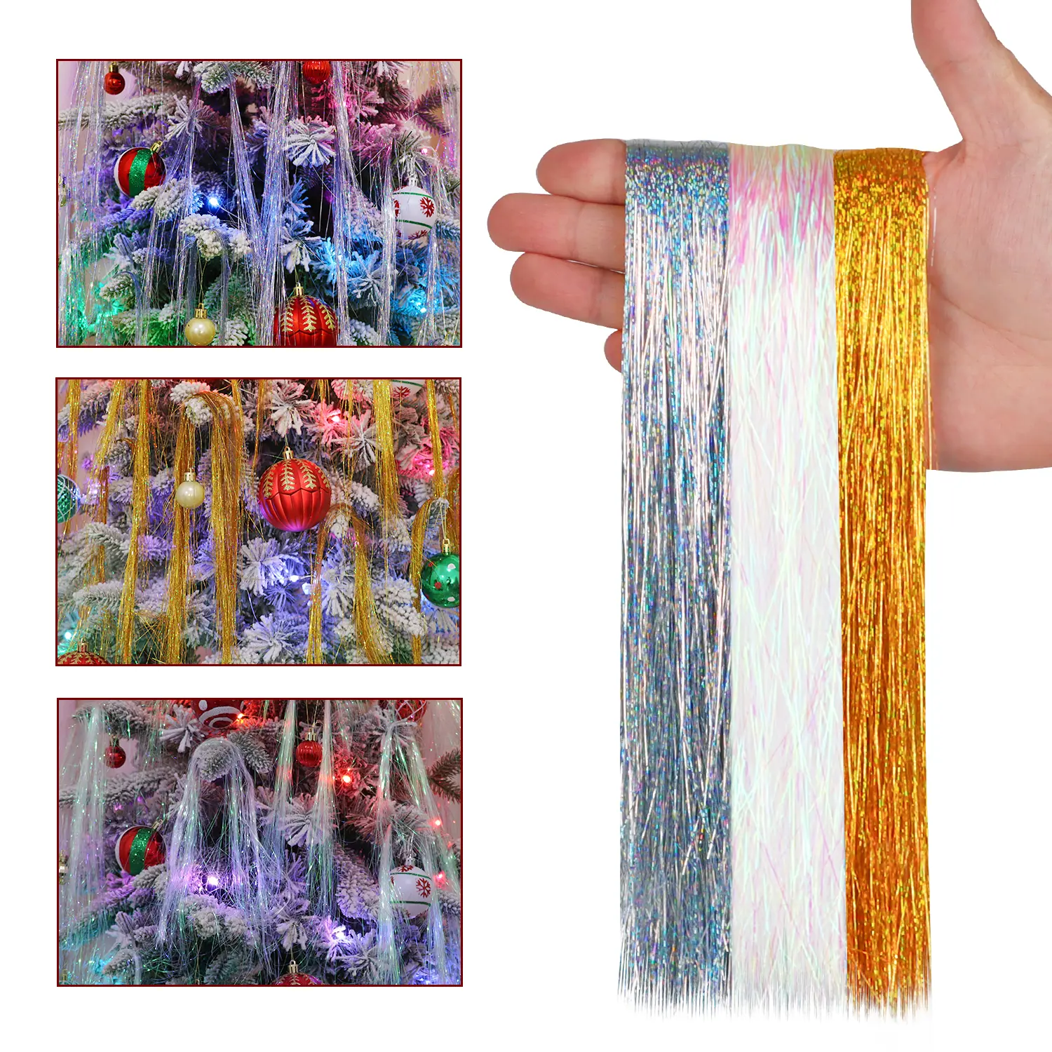 5000-Strand Laser Silver Foil Fringe Icicle Tinsel Ornaments Pack, Shiny Contemporary Festive Decor for Christmas Tree, Bonfire Hanging Use, Gold Option Available for Home Party Accents