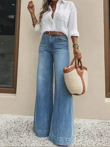 Women'S Vintage-Style High-Waisted Wide-Leg Jeans for Spring And Summer | The High-Waisted Design Flatters The Figure, with a Loose Drape That Is Perfect for Both Professional And Casual Outings, Making Legs Look Longer. Ideal for Vacation Wear