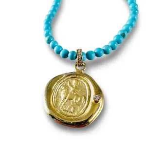 16” Saint George Turquoise & Diamond 18k Gold Necklace