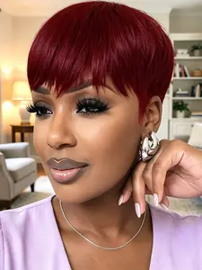 Short Human Hair Wigs Pixie Cut with Bangs, Full Machine Made Wig, Brazilian Hair Pixie Wig for Women, Natural Daily Look