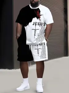 Men's Large Size Jesus Theme Letter Print Casual Relaxed Fit Summer Set, Short Sleeve Round Neck T-Shirt and Elastic Waist Shorts with Pockets, Menswear