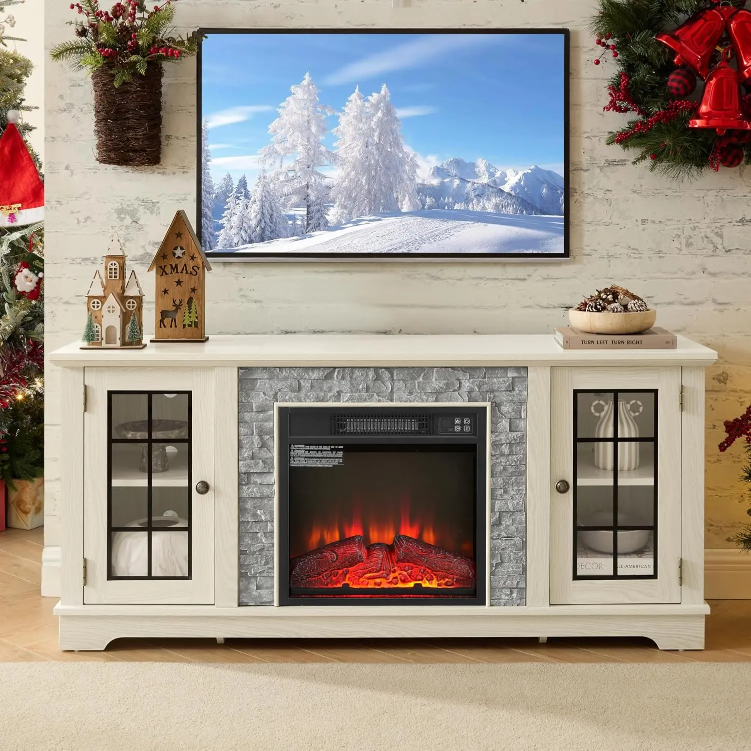 58" Modern TV Stand with 18" Electric Fireplace, Faux Stone Entertainment Center with 2-Door Storage Cabinet, Media Console with Fireplace Heater for Living Room Home Decor（White）