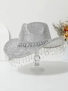 Western Cowboy Hat for Women, Shiny Glitter Finish Wide Brim Party Hat, Rhinestone Fringe Pendant Decoration, Eye-Catching Night Out Hat
