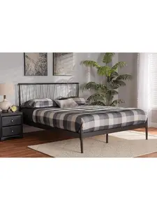 212 MAIN Samir Modern Industrial Black Accents Full Sized All-Metal Platform Bed - Geometric Back, Low Profile, Openwork Headboard, Wood Slats, Metal Frame, Full Sized Beds, All-Metal Beds