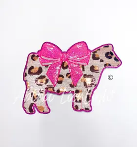 Show Cow Steer Cheetah Print Bow Sequin Patch - Large