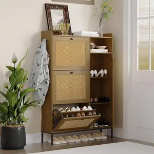 Natural Rattan 3-Tier Flip Drawer Shoe Cabinet with Adjustable Shelves, Free Standing Narrow Shoe Storage Organizer for Entryway, Hallway, Living Room